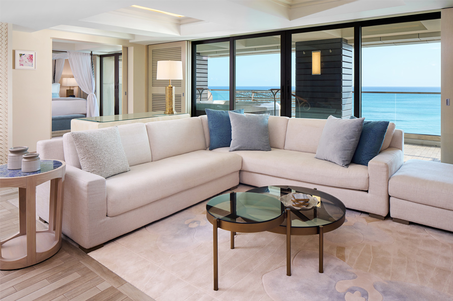 Oceanfront living area in the Penthouse Suite.