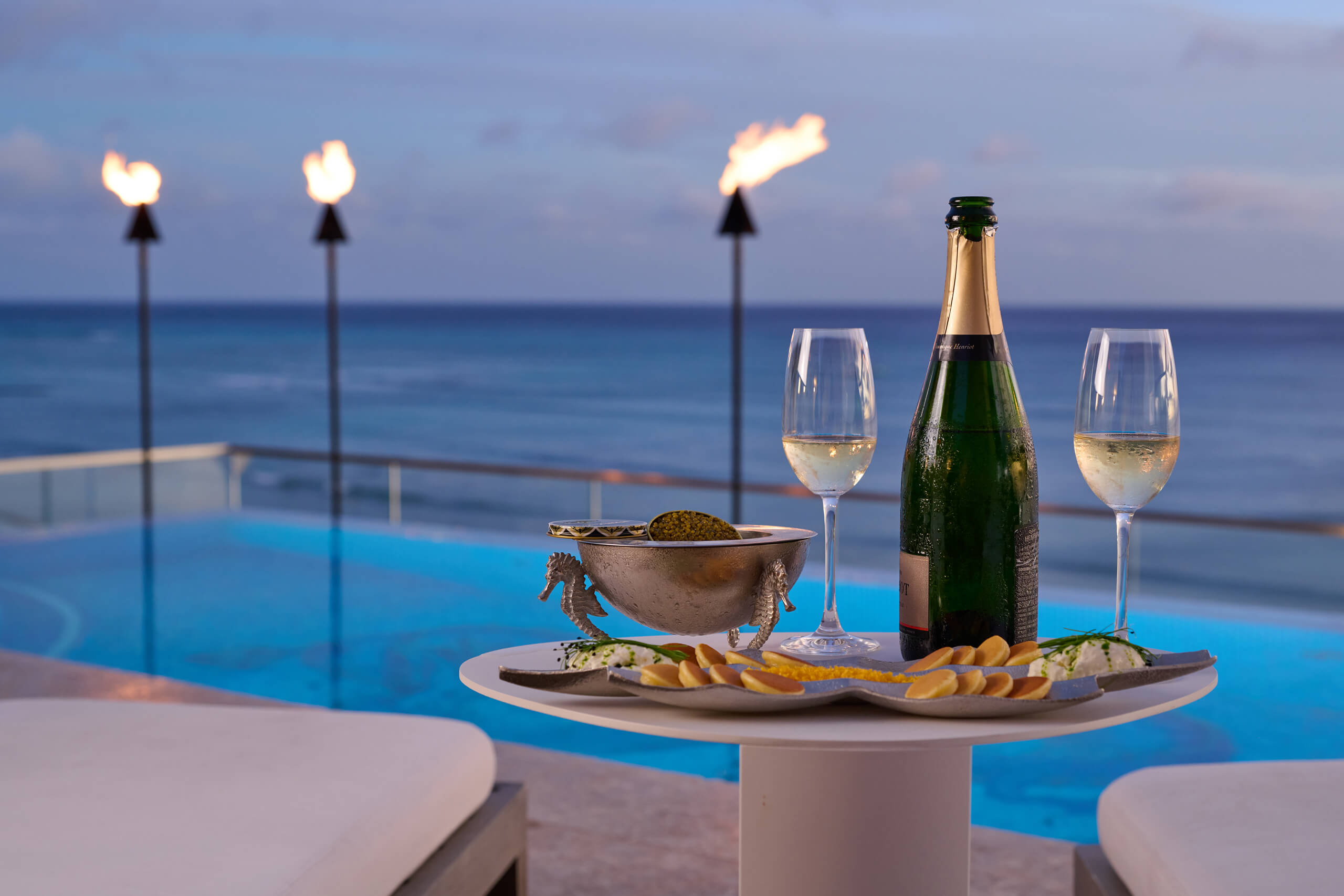 Champagne and caviar on the rooftop deck.