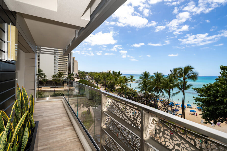 Private balcony overlooking Waikiki Beach.