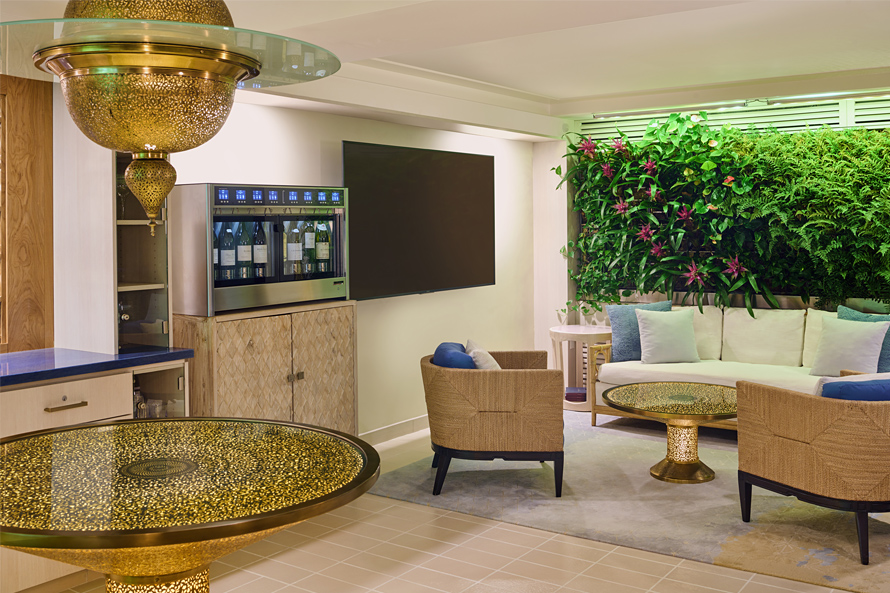 Social lounge with wine dispenser.