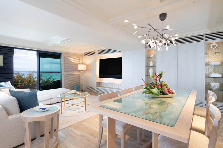 Spacious living room offers room to relax and view of Waikiki Beach.