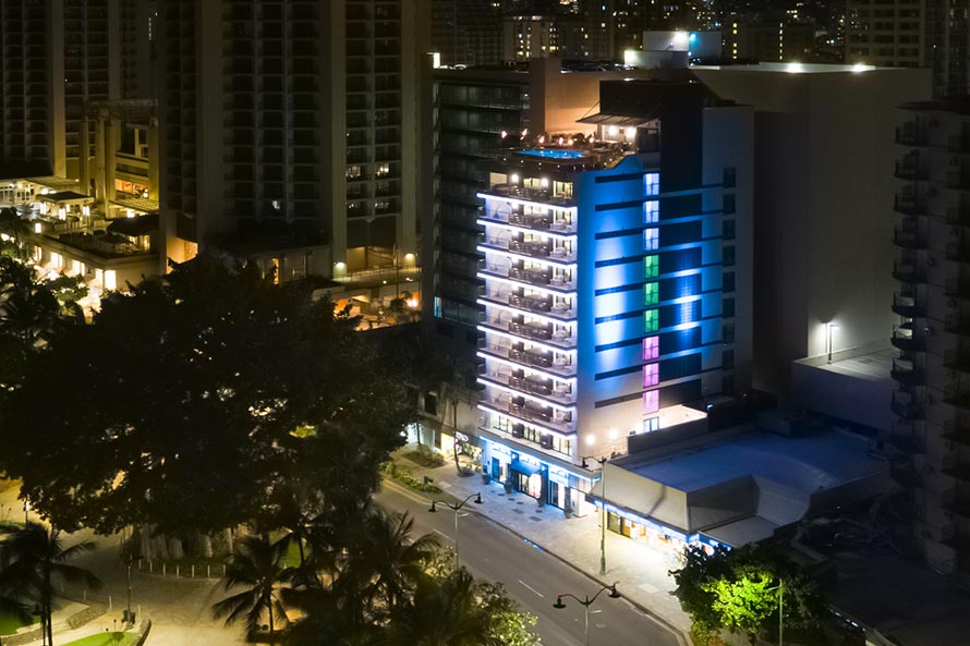 Aerial night view of ESPACIO The Jewel of Waikiki