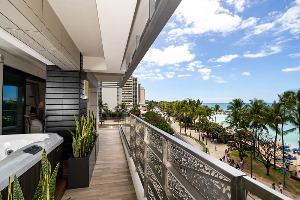 Balcony with Jacuzzi and views overlooking Waikiki Beach.