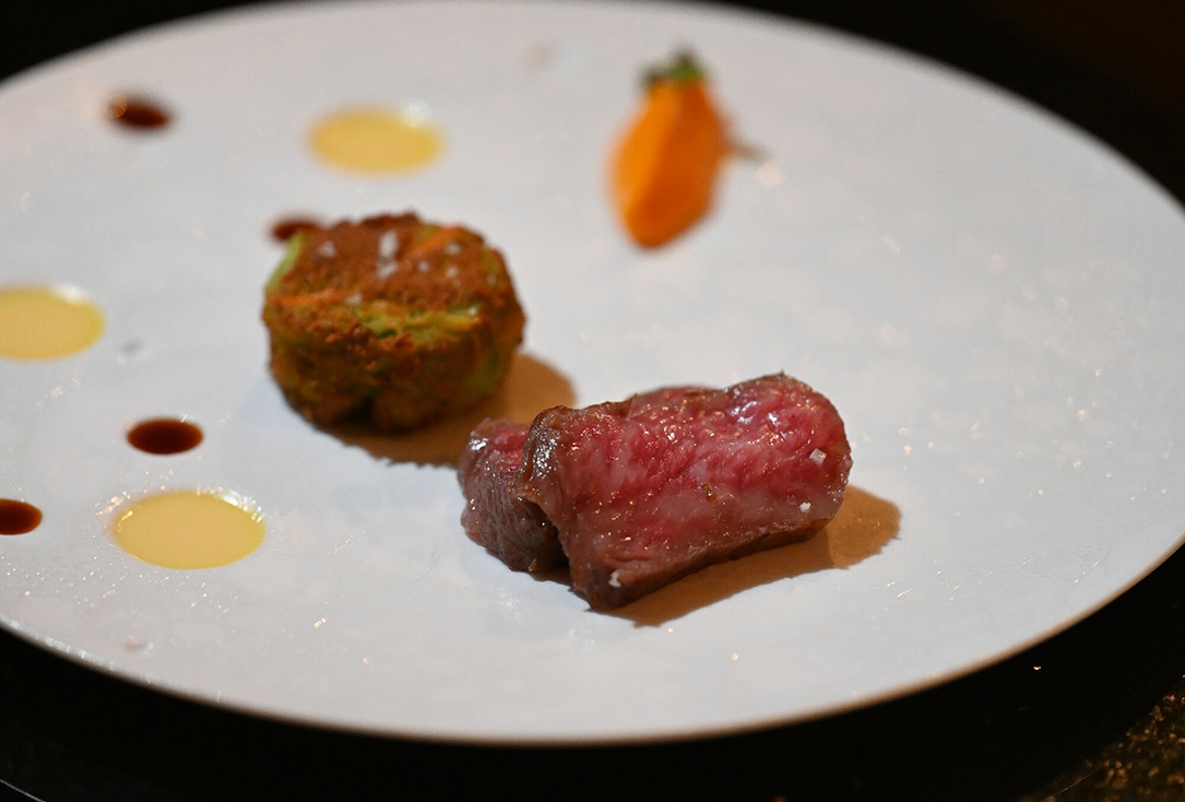 Miyazaki A5 kakiage panisse. chawanmushi. carrot purée. aka shiso. veal jus.
