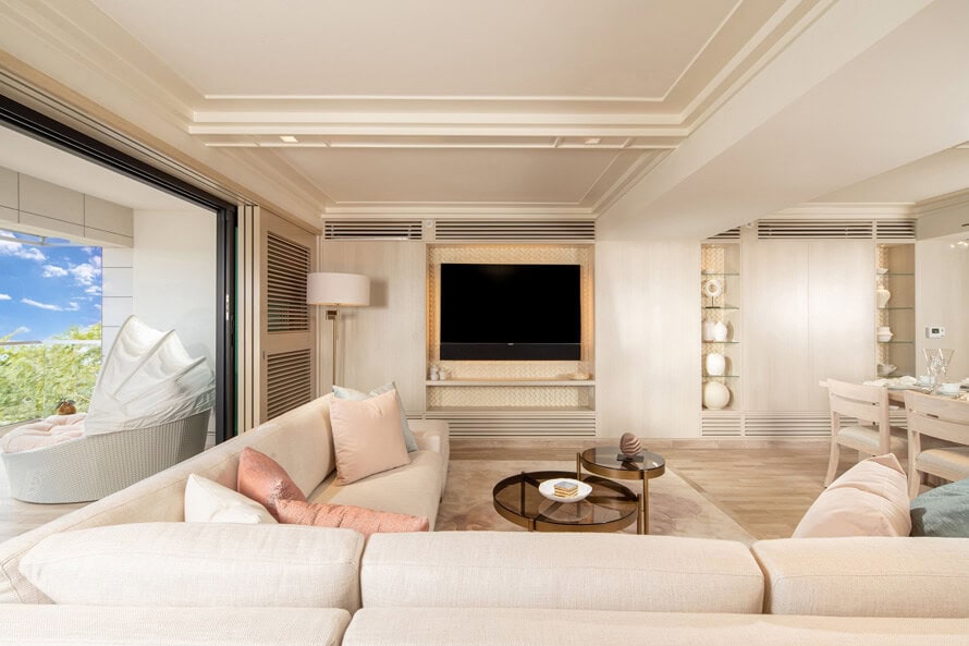 The living room with views of Waikiki Beach.
